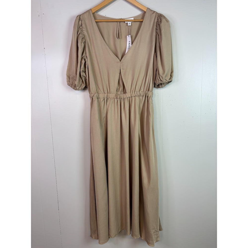 Terea Midi Dress Medium Tan Cutout Puff Sleeve Women's